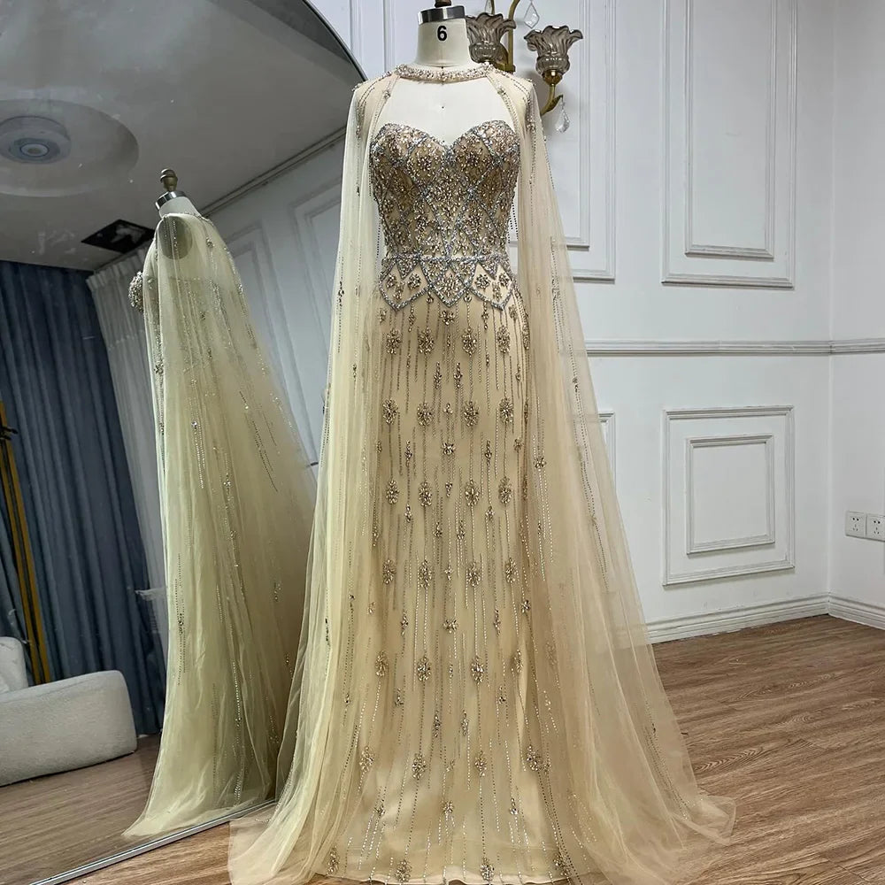 Luxury Dubai Nude Saudi Evening Gown Mermaid Detachable Cape Sleeves Luxury Beaded Dress for Formal Occasion LA72716