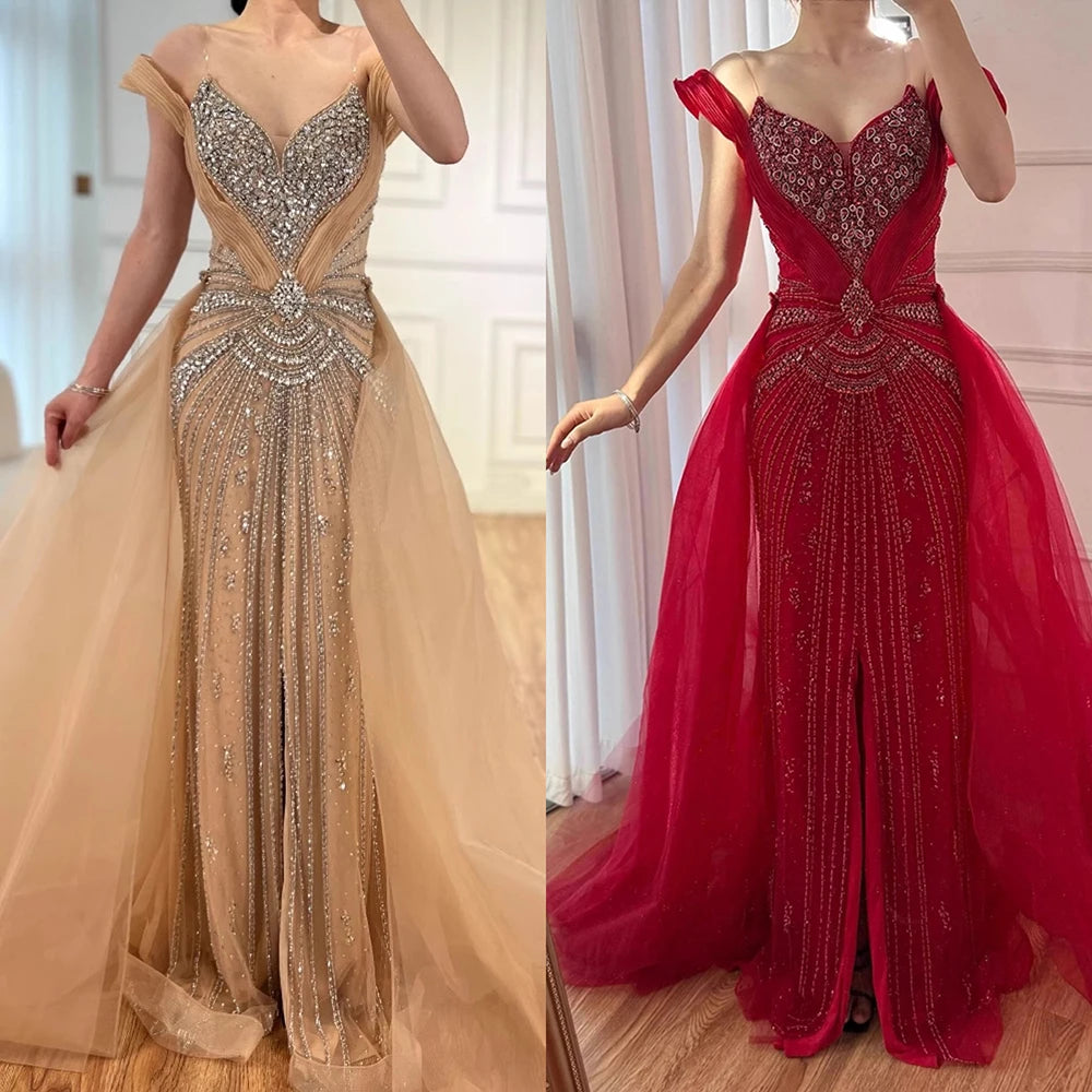 Luxury Nude Beaded Mermaid Evening Dress with Overskirt and Slit LA73034