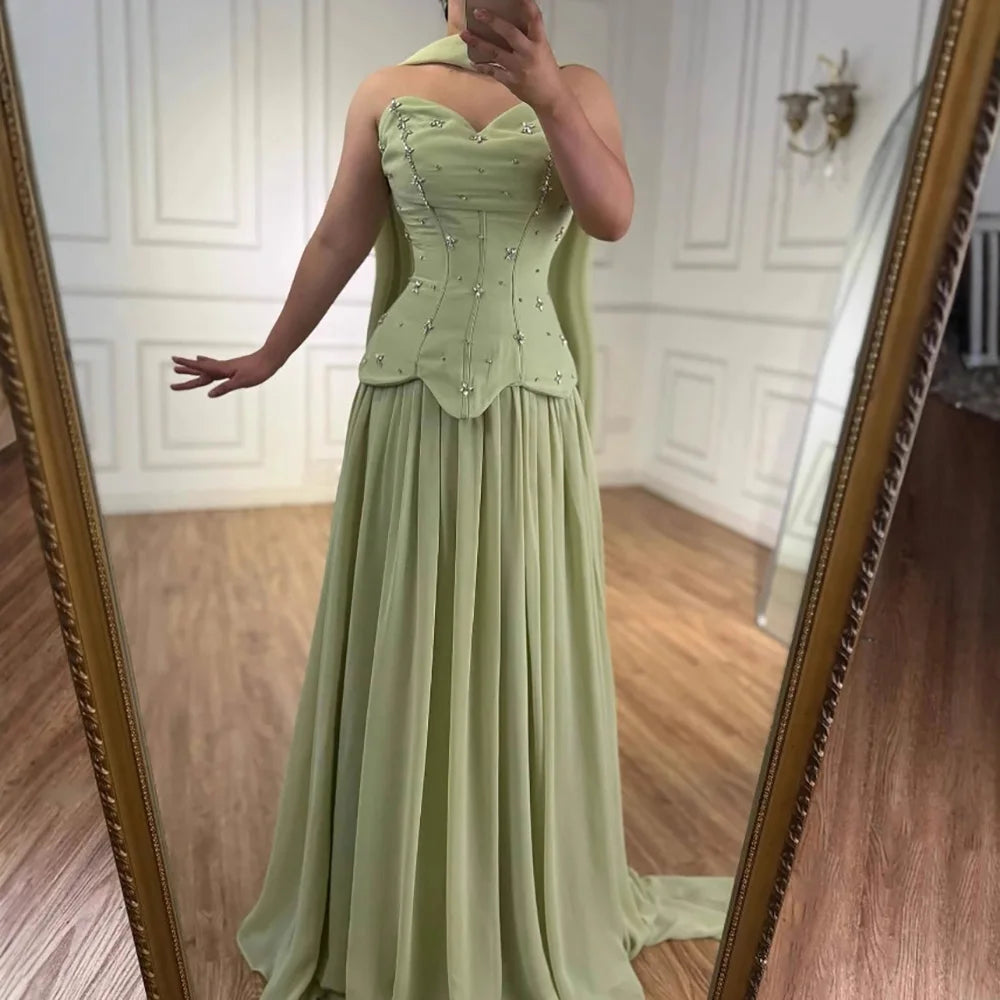 Classy Sage Green Strapless A-Line Chiffon Evening Dress LA73073