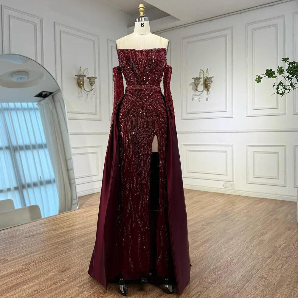 Luxury Wine Red Beaded Evening Dress Gown with Gloves and Overskirt LA72935