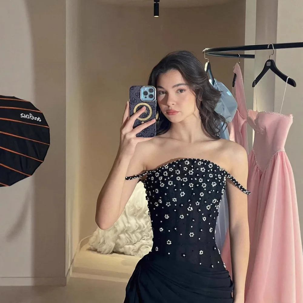 Luxury Black Beaded Mermaid Prom Dress with Spaghetti Straps LA73047