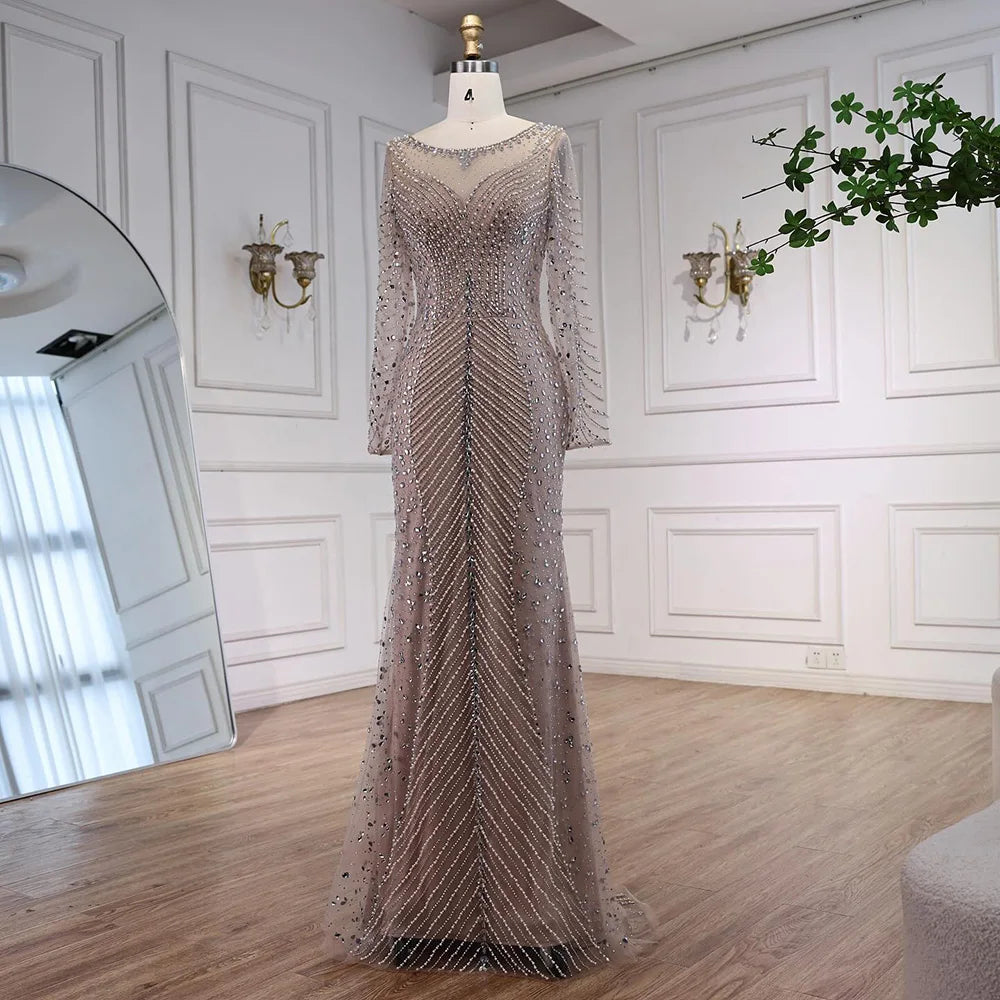 Luxury Arabic Silver Nude Beaded Mermaid Long Sleeve Evening Dress LA73132