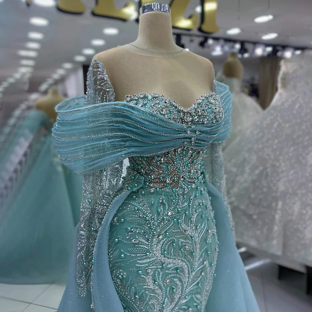 Luxury Blue Designer Evening Dress with Long Sleeves Overskirt LA72841