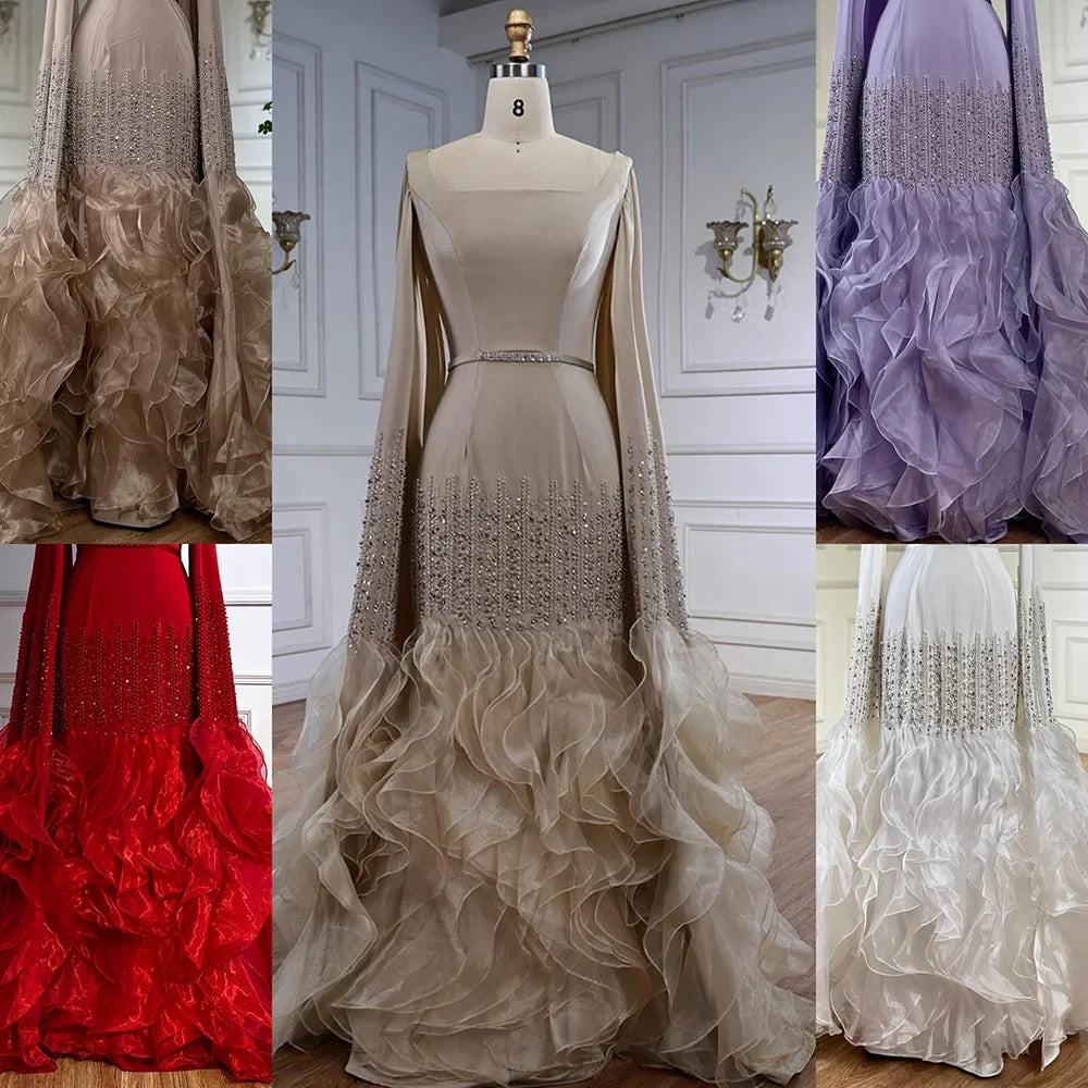 Elegant Nude Beaded Evening Dress with Cape Sleeves LA72317C