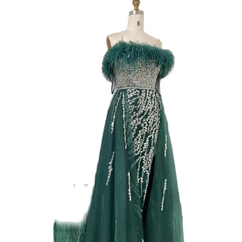 Blue Diamond Feather Mermaid Evening Dress With Overskirt LA72061