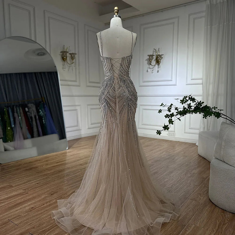 Luxury Dubai Silver Nude Spaghetti Strap Mermaid Evening Dress Gown with Luxury Beaded Tassels for Formal Occasion LA72772