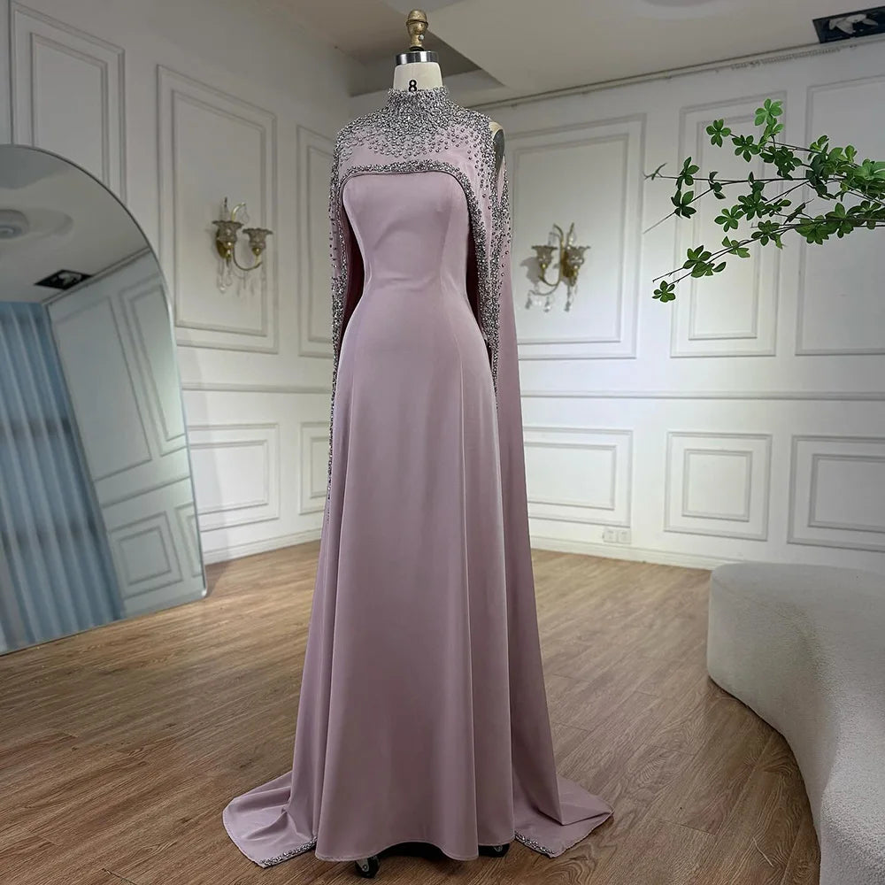 Elegant High Neck Evening Dress with Crystals and Long Cape LA73068