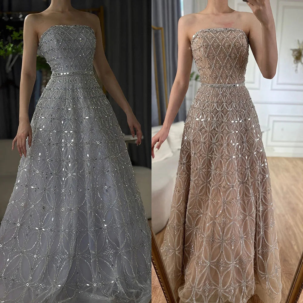 Luxury Dubai Arabic Gray A Line Elegant Beaded Long Evening Dresses Gowns for Formal Occasion LA72755
