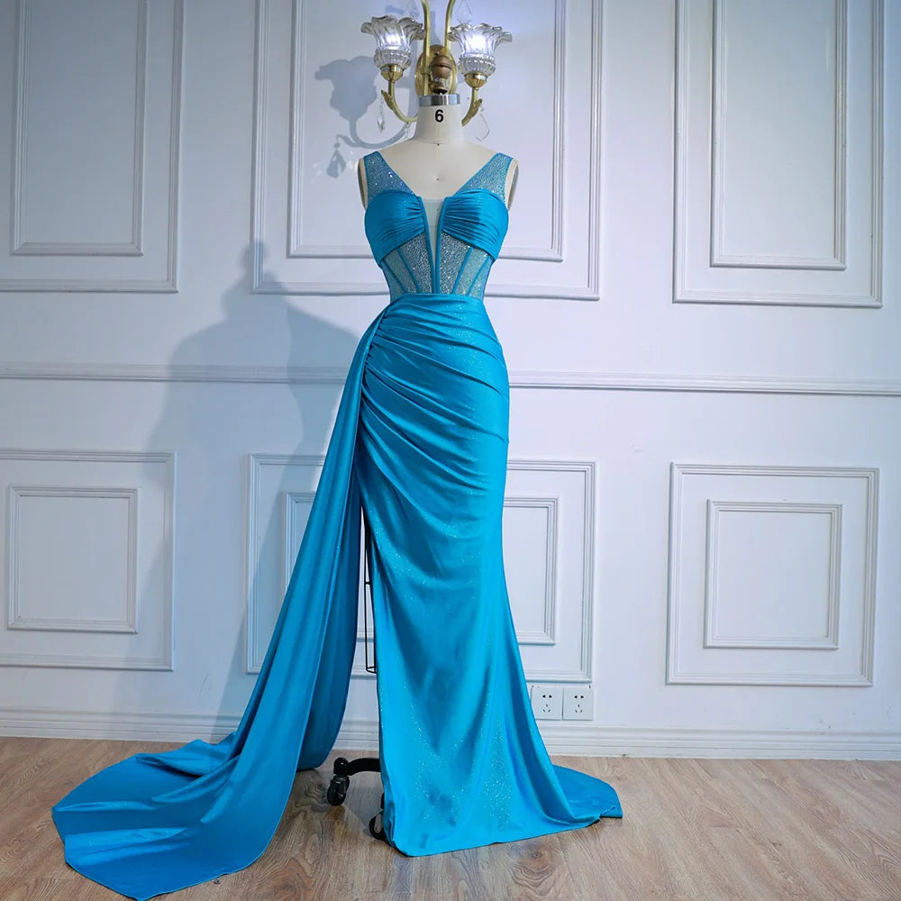 Corset Blue Prom Dress with Side Overskirt Spaghetti Straps LA73011