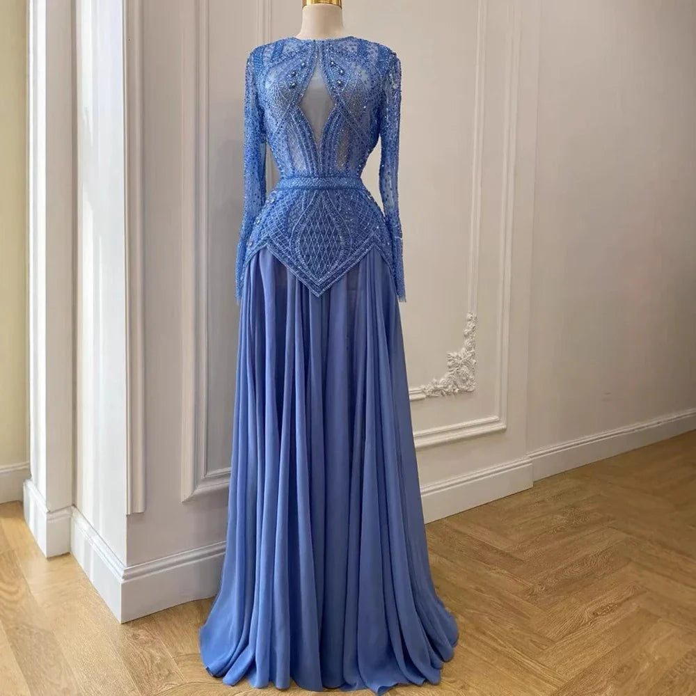 Luxury Designer Blue Beaded Evening Dress with Long Sleeves LA72962