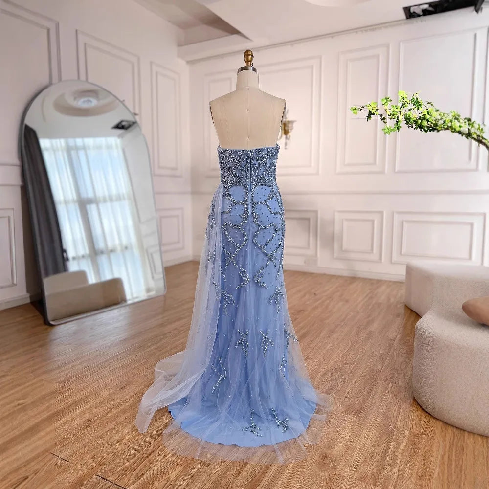 Luxury Dubai Saudi Arabic Blue Beaded Evening Gown Formal Slit LA72877
