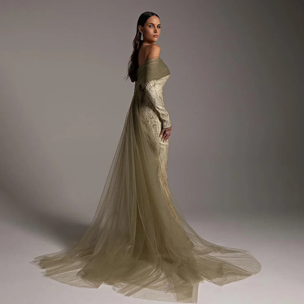 Olive Green Off Shoulder Beaded Evening Dress Gown with Lace Sleeves LA72942