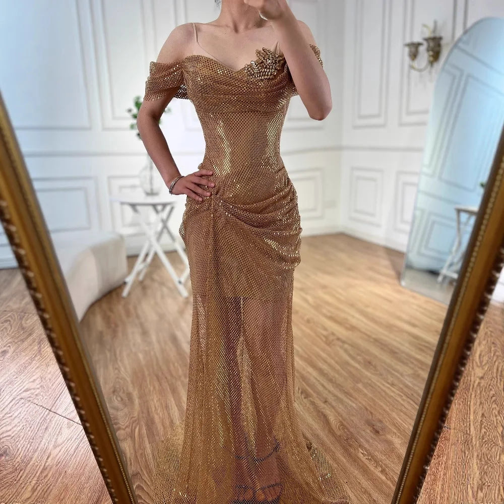 Elegant Nude Off Shoulder Beaded A-Line Evening Dress LA72807A