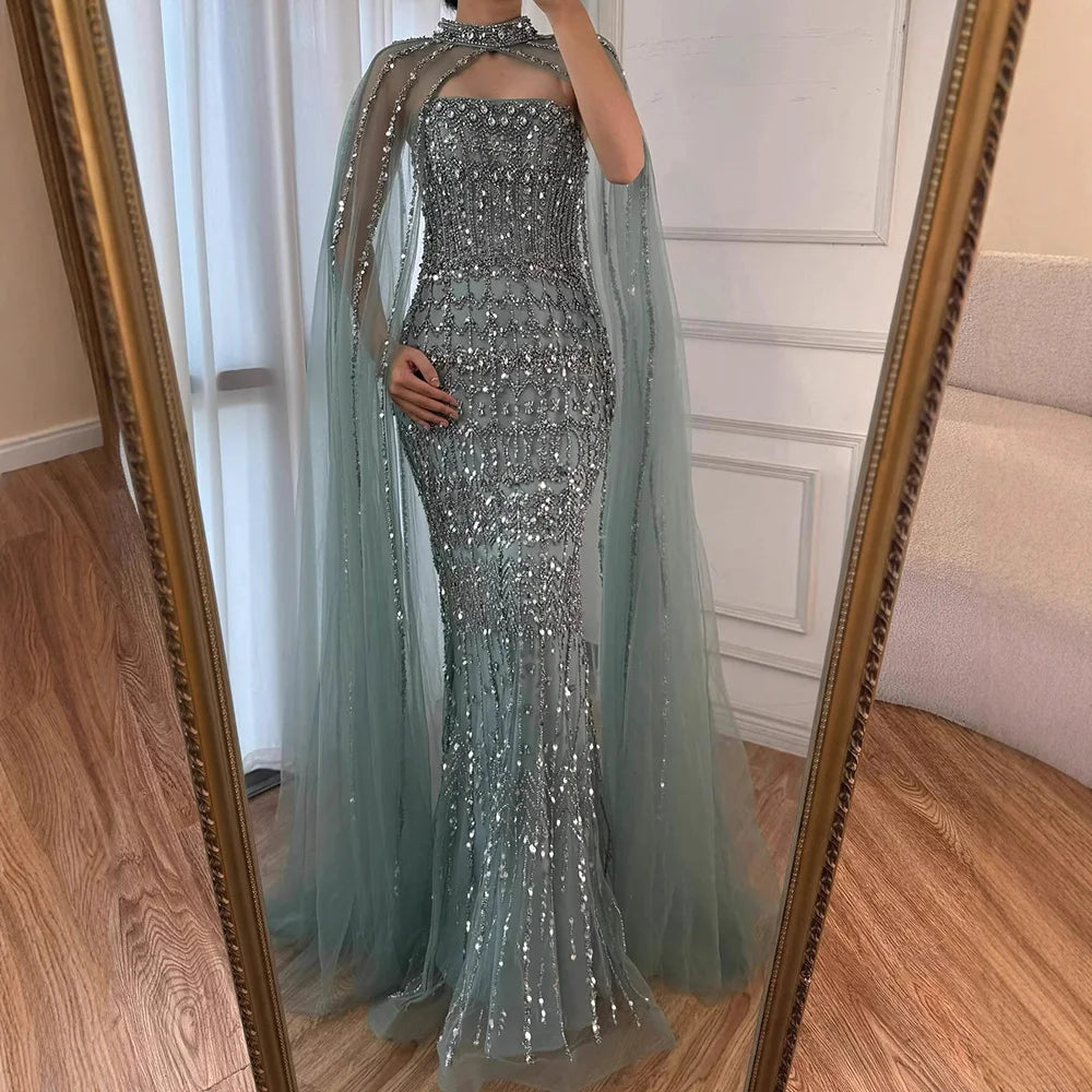Luxury Turquoise Beaded Evening Dress with Detachable Cape LA72714B