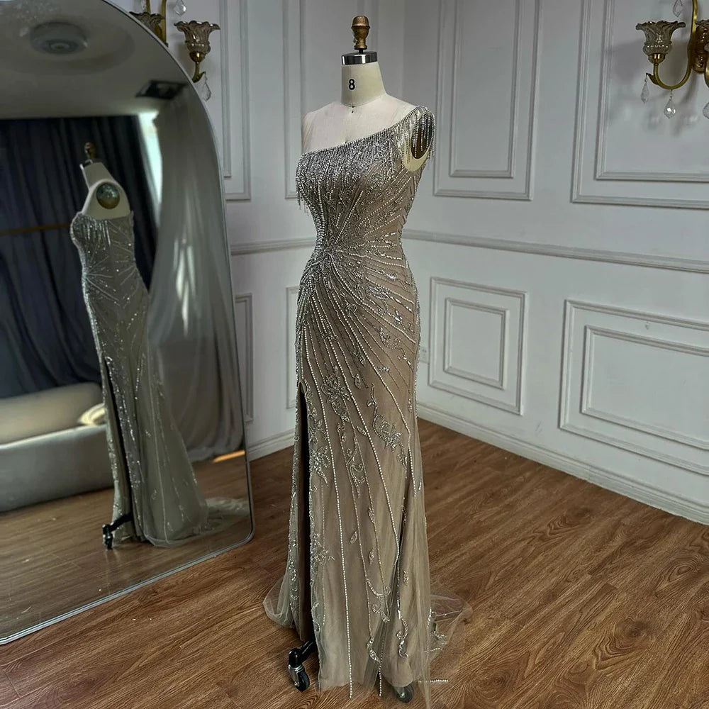 Luxury Caramel One Shoulder Beaded Slit Evening Gown with Tassel Detail LA72926