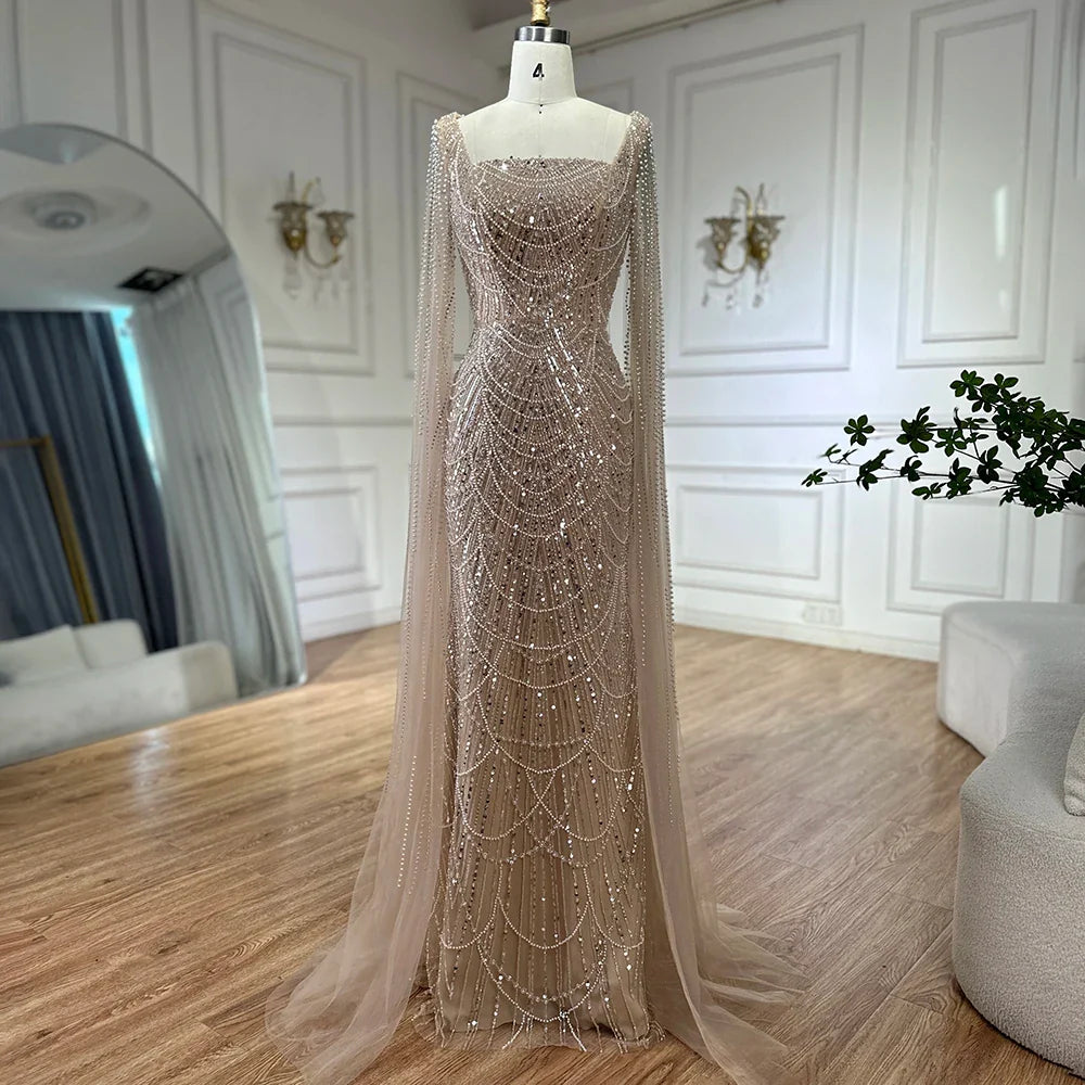 Luxury Arabic Mermaid Evening Dress with Cape Sleeves Plus SizeLA72590A