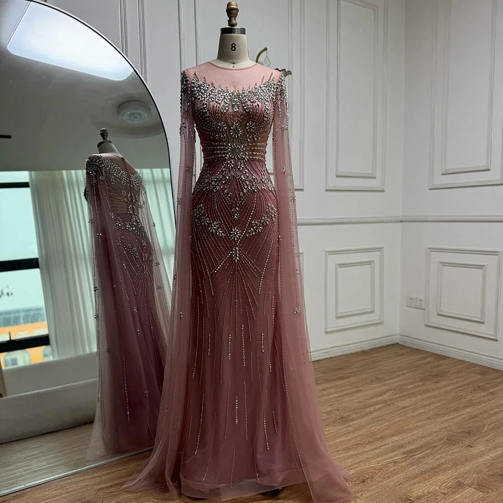 Luxury Pink Saudi Arabic Crystal Beaded Mermaid Evening Dress with Cape Sleeves LA73137