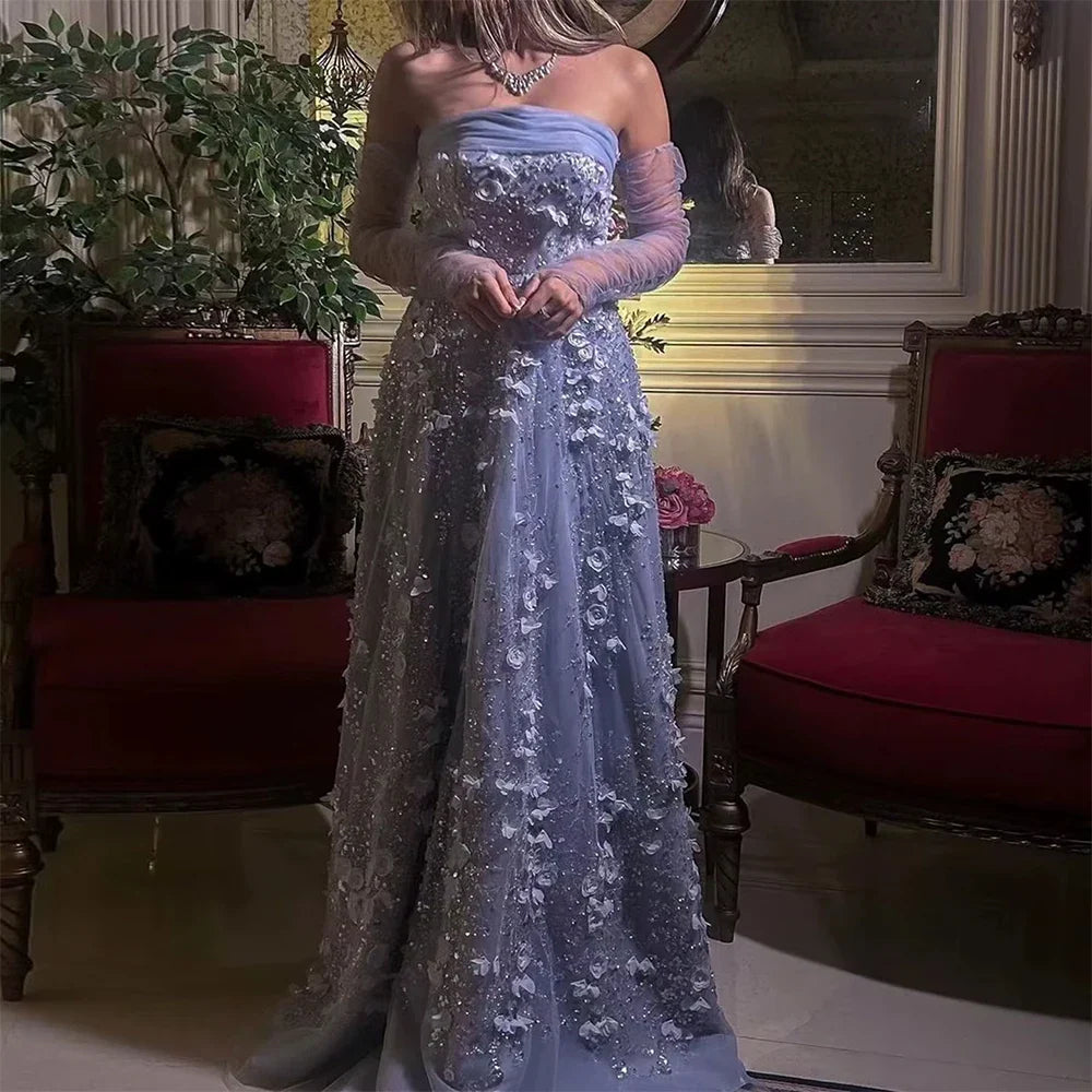 Elegant Peach 3D Flowers Evening Dress with Gloves Arabic Women Wedding Party LA72912
