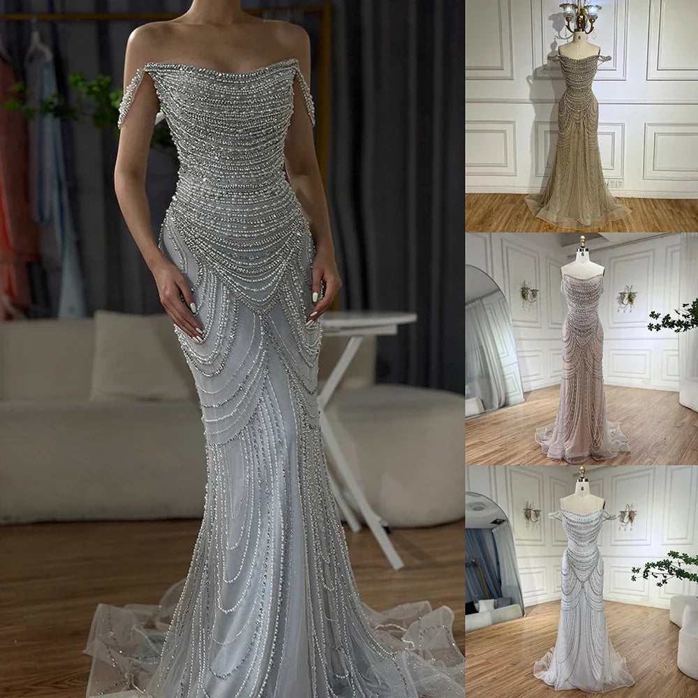 Luxury Crystal Silver Gray Pearl Beaded Evening Dress LA72253
