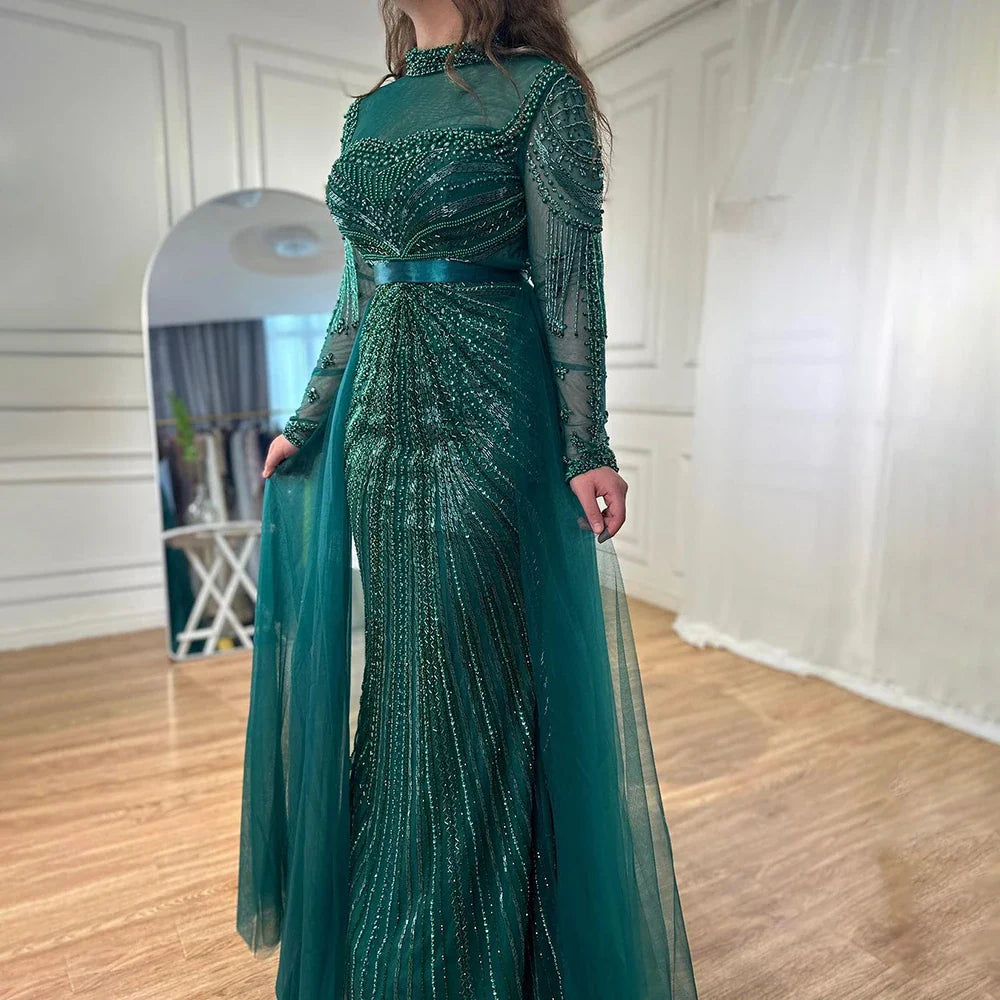 Luxury Nude Modest Beaded Tassel Mermaid Evening Dress LA71533