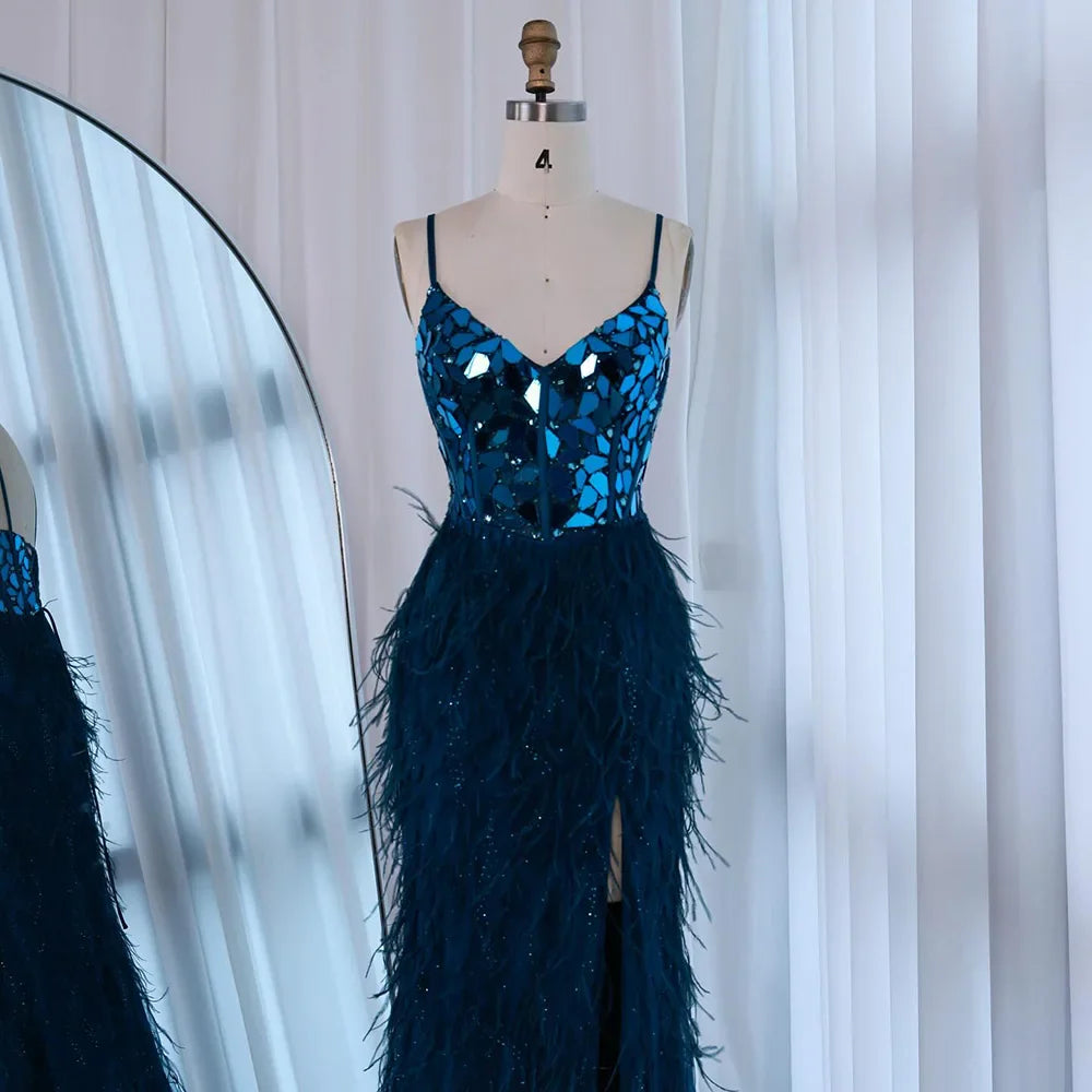 Luxury Peacock Blue Feather Evening Dress with Mirror Beaded Bodice LA73008