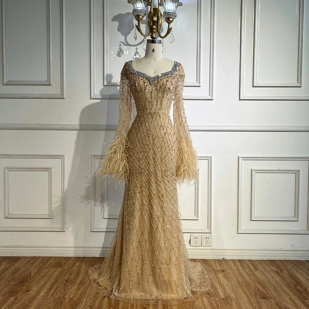 Luxury Nude Beaded Evening Dress with Feather Cuffs LA72892