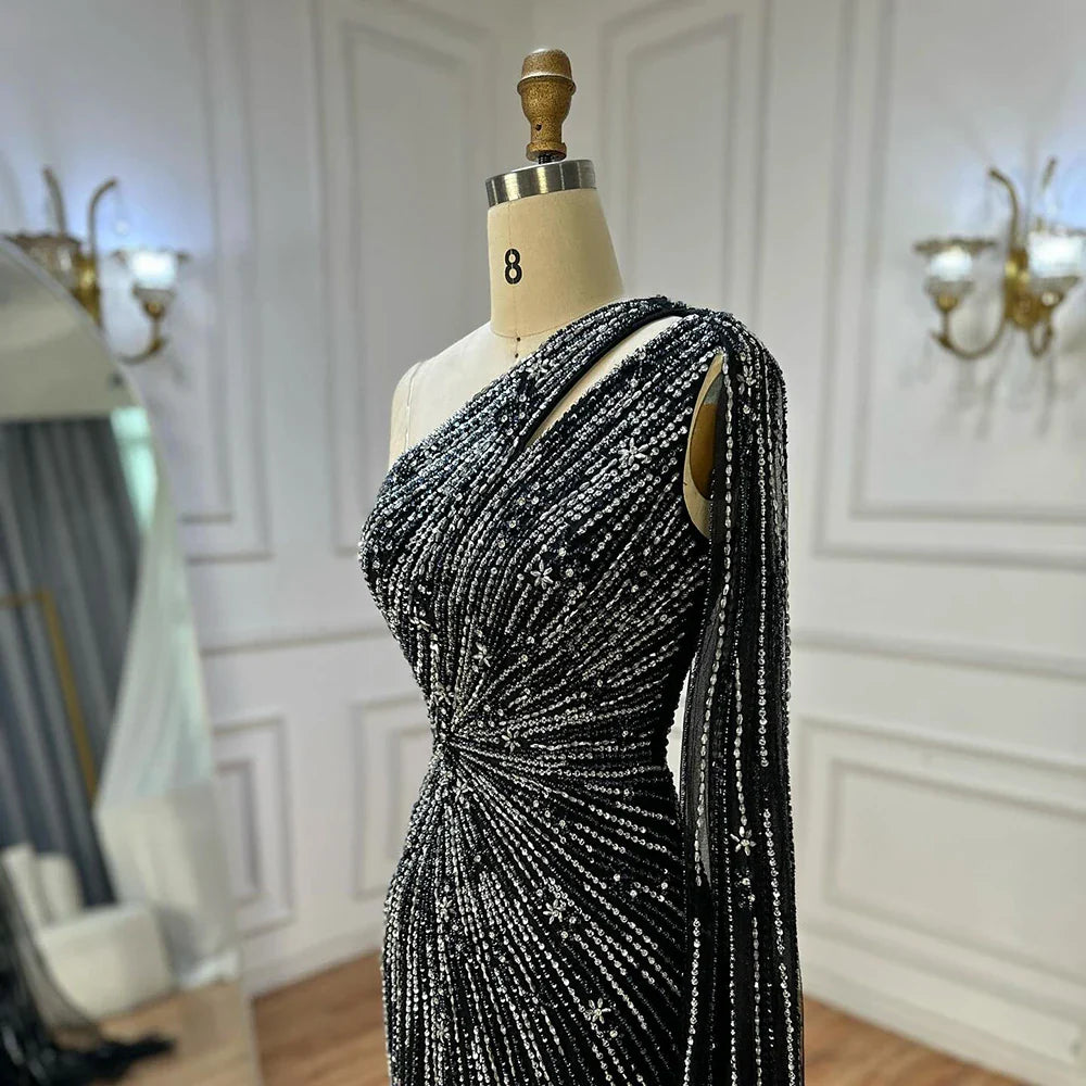 Luxury Black One Shoulder Mermaid Evening Dress with High Slit LA72829