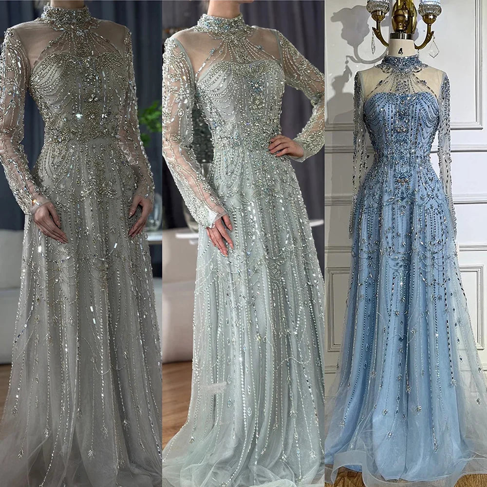 Modest A-Line Blue Lace Beaded Evening Gown LA72704