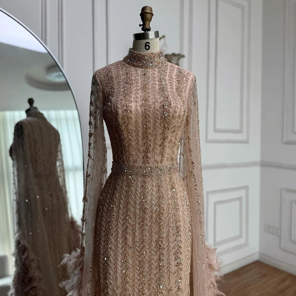 Elegant Rose Gold Evening Dress Featuring Feathered Cape Sleeves LA72947