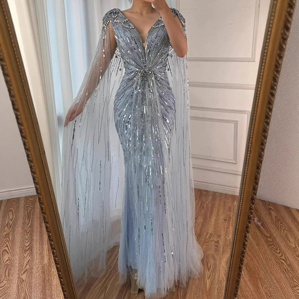 Luxury Designer Turquoise Mermaid Beaded Evening Dress with Cape LA72168A