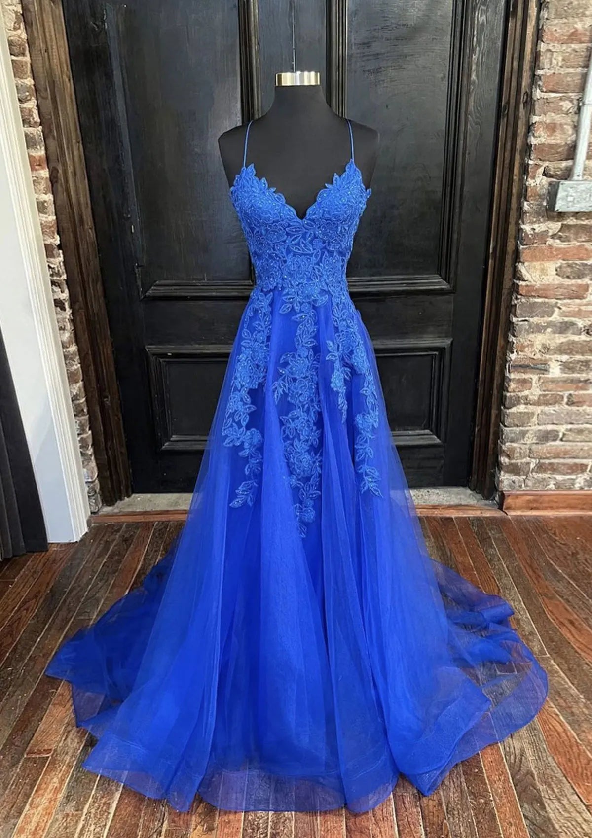 Serene Hill Arabic Blue A-Line Spaghetti Straps Tulle Prom Dress with Appliqués for Women's Party LA72678