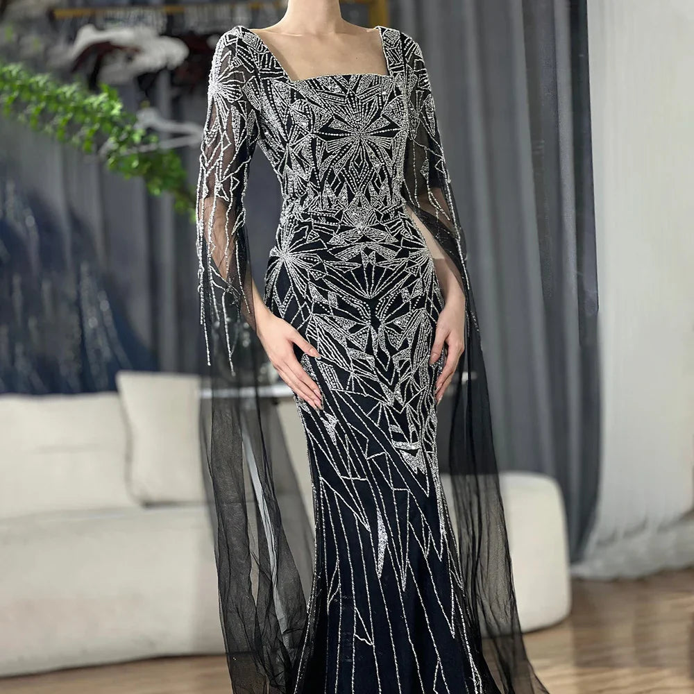 Luxury Dubai Arabic Nued Cape Sleeves Mermaid Saudi Evening Dresses Beaded Luxury Party Gowns for Formal Occasion LA72261B