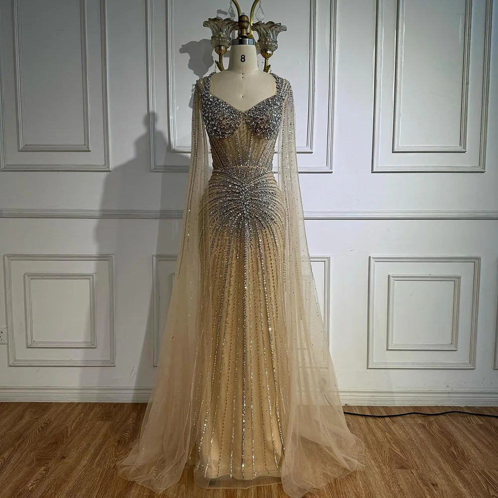 Luxury Nude Beaded Evening Dress with Cape Sleeves LA72575C