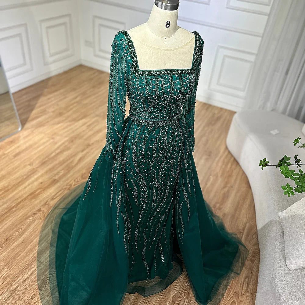 Modest Green Mermaid Evening Dress with Overskirt LA72710