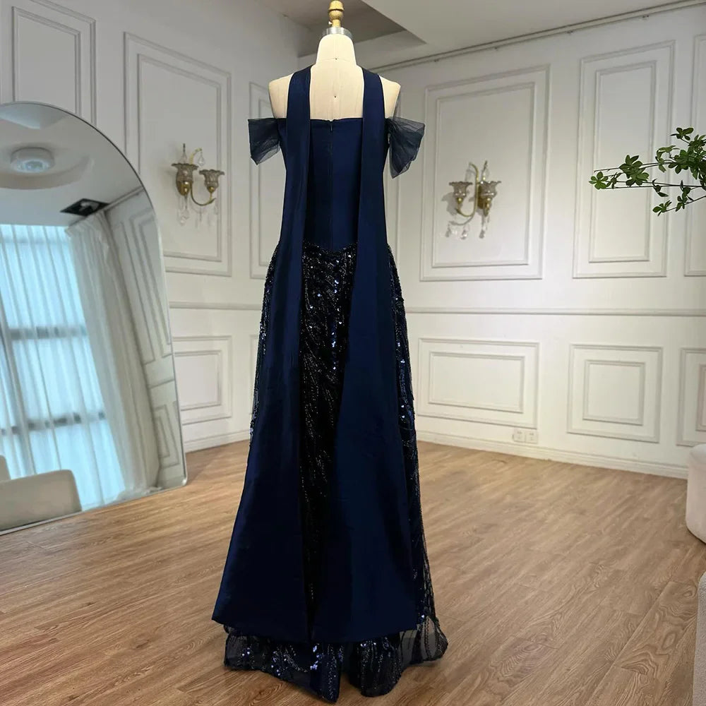 Luxury Arabic Navy A-Line Evening Dress with Beaded LA73050