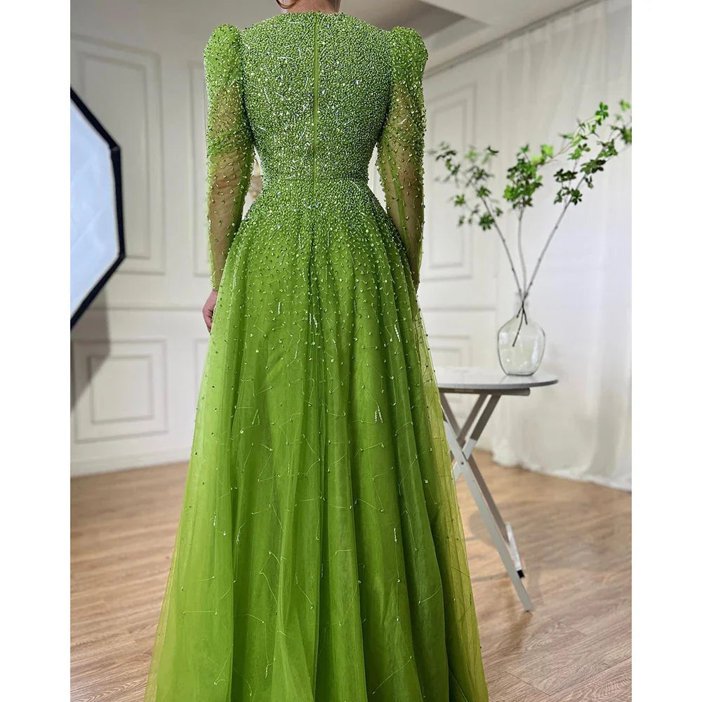Green Mermaid Elegant With Skirt Sleeves Beaded Evening Dresses Gowns For Party LA71762