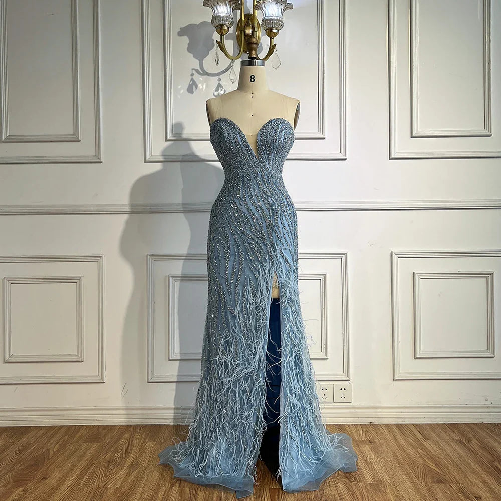 Luxury Blue Feather Beaded Evening Dress with Side Skirt LA72695