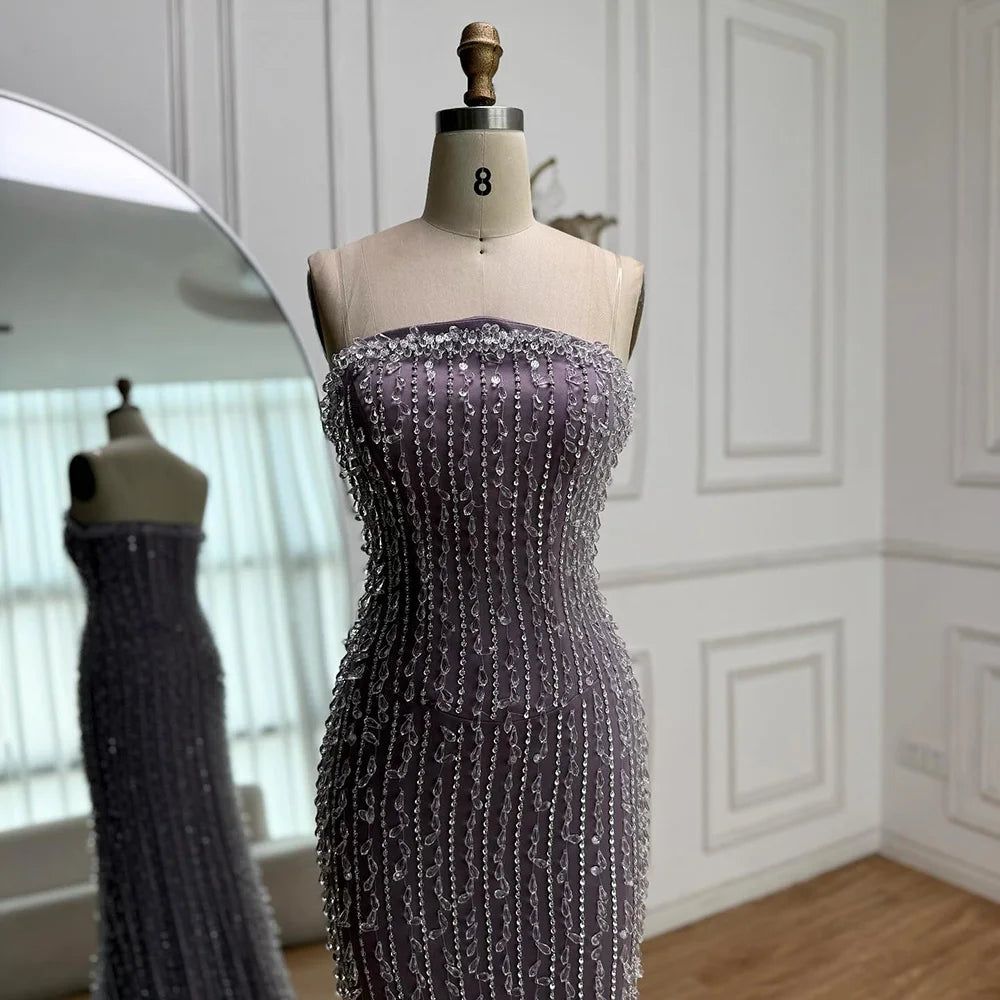 Elegant Crystal Beaded Strapless Lilac Mermaid Evening Gown LA72950
