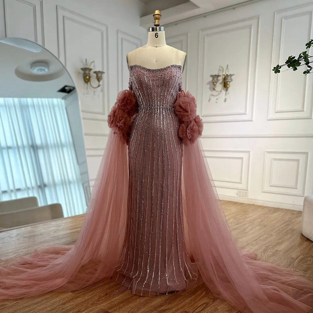 Luxury Pink Beaded Mermaid Arabic Evening Dress with Cape LA73019