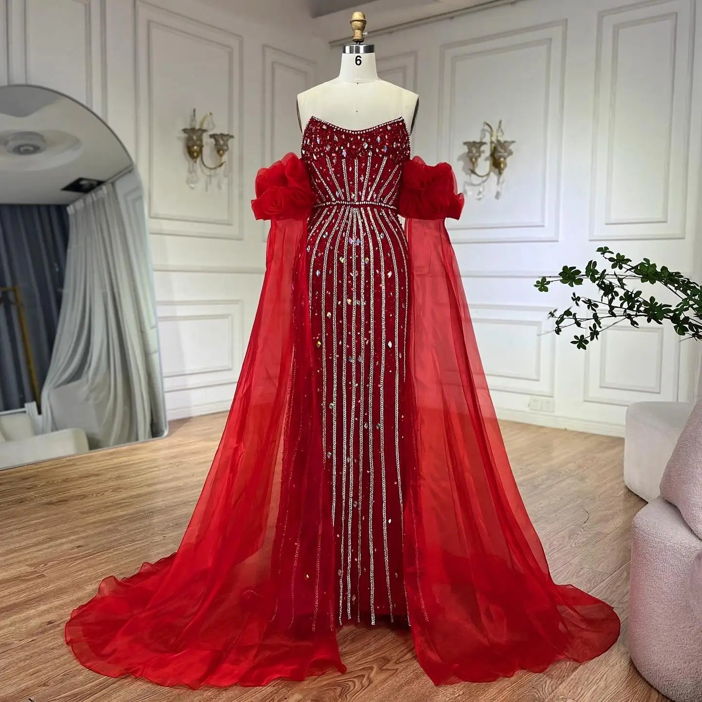 Luxury Pink Beaded Mermaid Evening Dress with Puff Sleeves LA72569