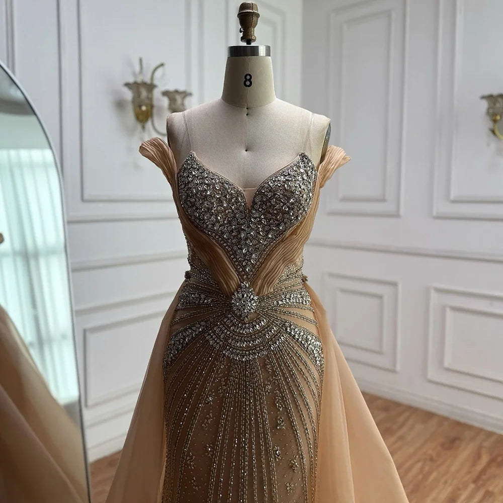 Luxury Nude Beaded Mermaid Evening Dress with Overskirt and Slit LA73034