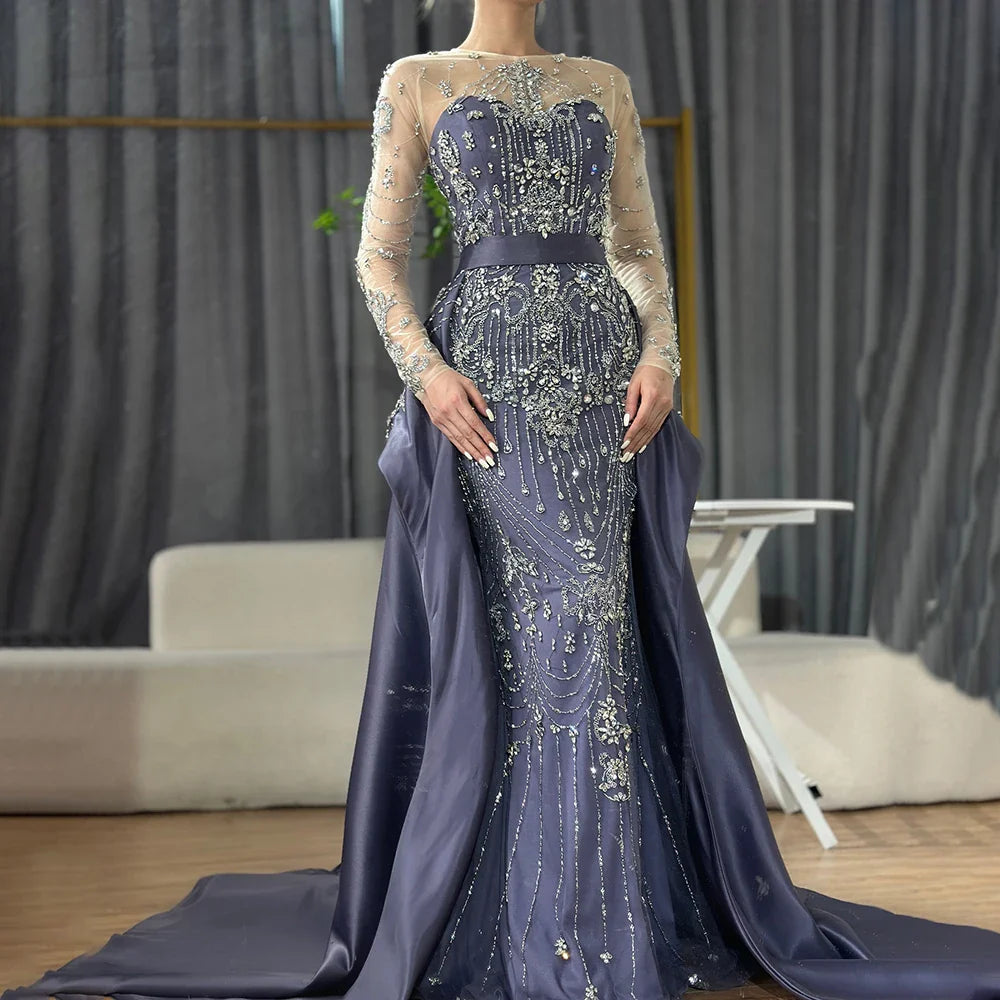 Luxury Dubai Blue Crystal Beaded Evening Dress with Overskirt LA72757