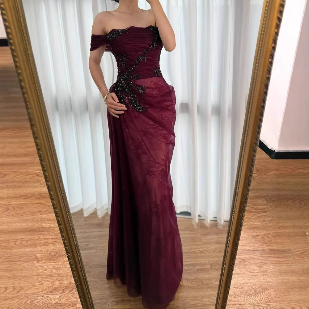 Elegant Wine Red Off Shoulder Lace Evening Dress with Appliques LA73010