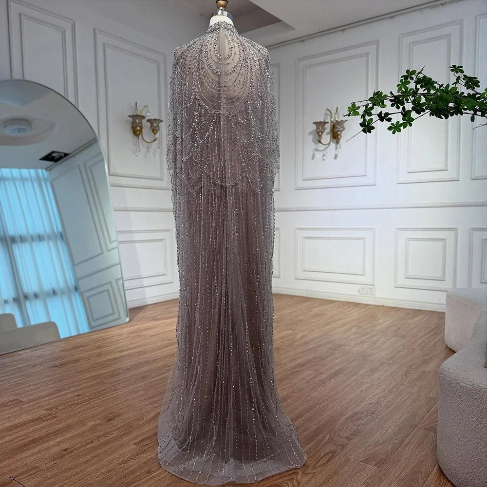Luxury Silver Nude Beaded Mermaid Evening Dress with Cape LA72484A