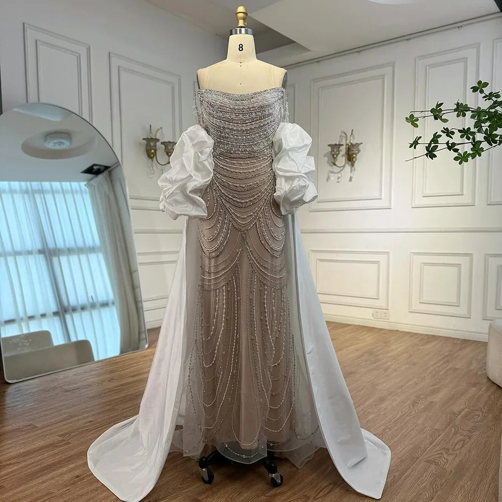 White Nude Beaded Mermaid Evening Dress with Satin Cape LA72253B