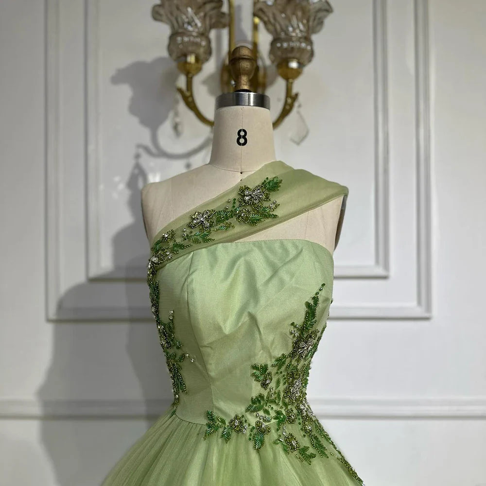 Luxury Dubai Sage Green Elegant One-Shoulder A-Line Appliques Long Arabic Evening Gown for Formal Occasion LA72783