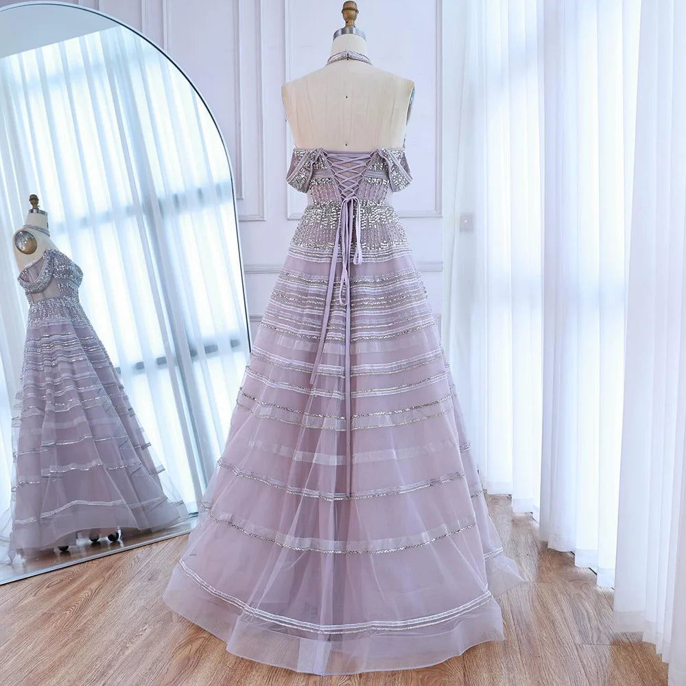 Luxury Pink Off Shoulder A-Line Beaded Evening Dress LA73079