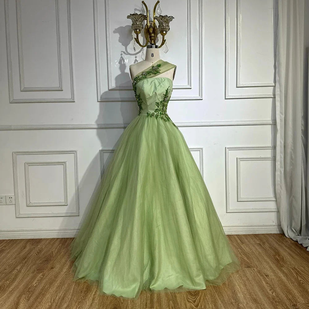 Luxury Dubai Sage Green Elegant One-Shoulder A-Line Appliques Long Arabic Evening Gown for Formal Occasion LA72783