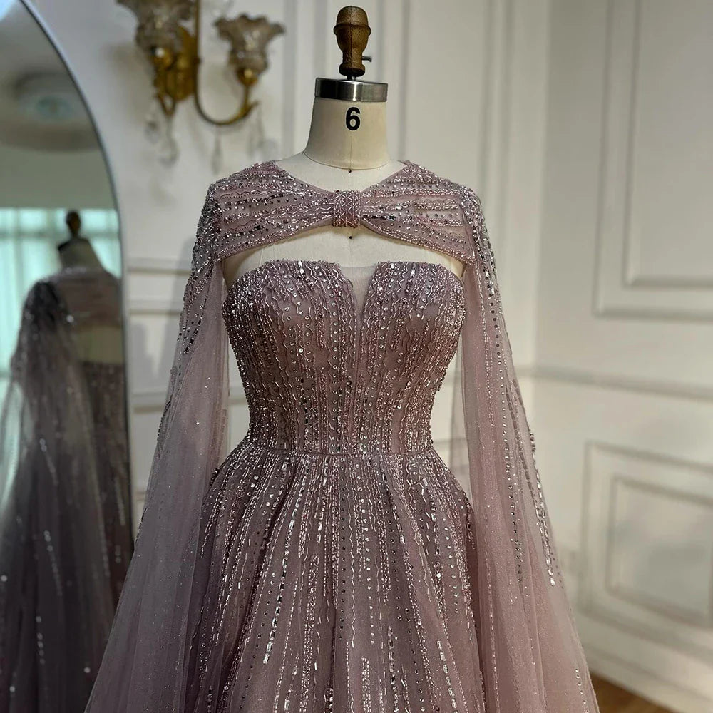 Serene Hill 2025 Arabic Blue Cape Sleeves A-Line Beaded Evening Dresses Long Celebrity Gowns for Women Wedding Party LA72427