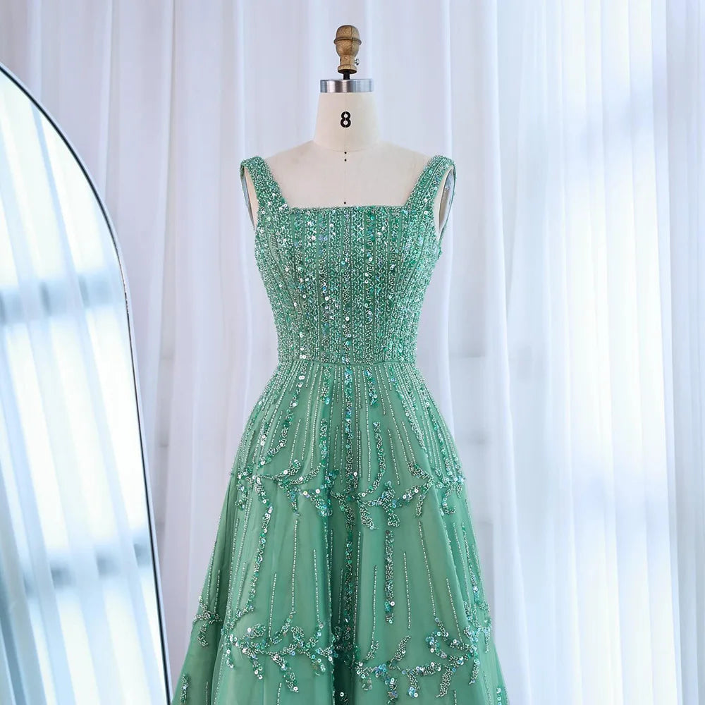Elegant Sage Green Beaded A-Line Evening Dress LA73064